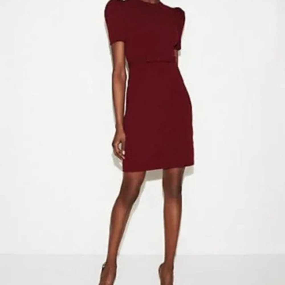 Express Burgundy Sheath Pencil Dress Puff Sleeves Belted Burgundy
